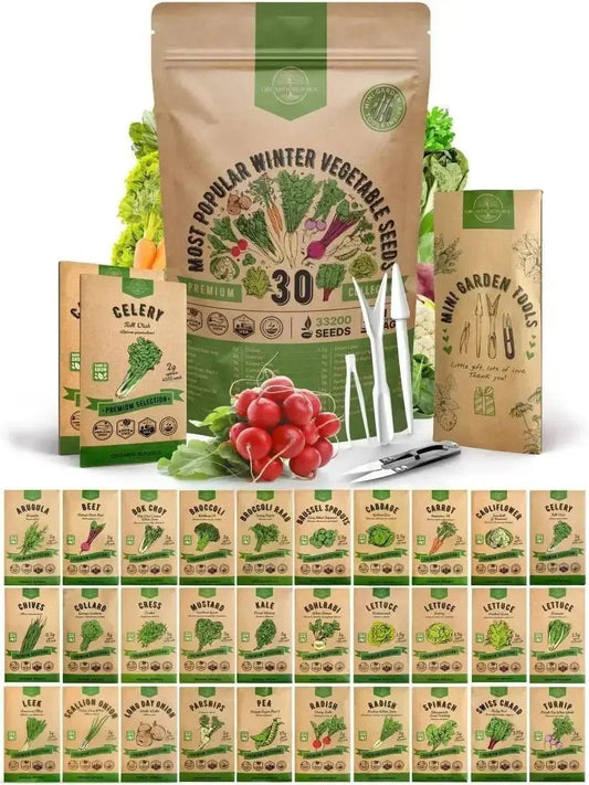30 Winter Vegetable Seeds Variety Pack - 33,200+ Non GMO Heirloom Seeds for Planting - Organo Republic 900
