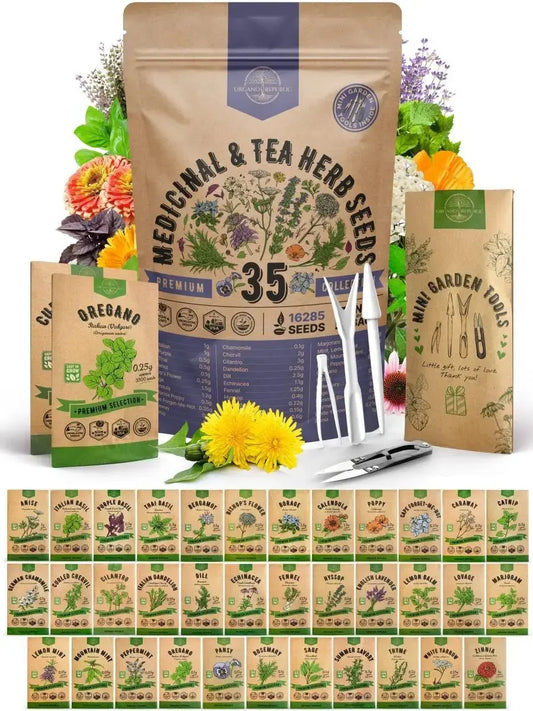 35 Medicinal & Tea Herb Seeds Variety Pack for Planting Indoor & Outdoors. 16,200+ Non-GMO Heirloom Herbal Garden Seeds: Anise, Bergamot, Borage, Cilantro, Chamomile, Dandelion, Rosemary Seeds & More - Organo Republic 900