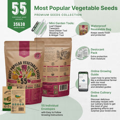 55 Vegetable Seeds Variety Pack - 35,600 Non-GMO Heirloom Seeds for Planting Vegetables and Fruits - Organo Republic
