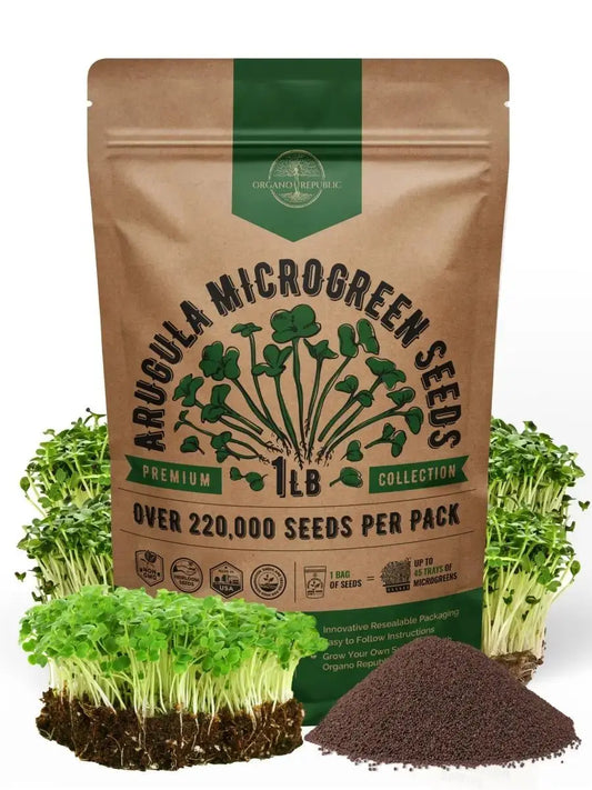 Organo Republic Arugula Sprouting & Microgreens Seeds - Non-GMO, Heirloom Sprout Seeds Kit, 1lb Resealable Bag for & Growing Microgreens in Soil, Coconut Coir, Aerogarden & Hydroponic System. - Organo Republic 900