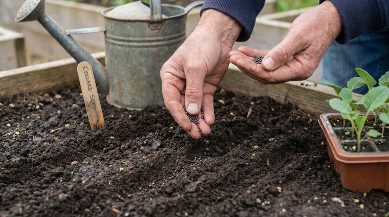 Direct-sow collard seeds a quarter to half inch deep, then thin.