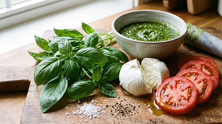 Fresh basil, pesto, and tomatoes: the classic summer trio.