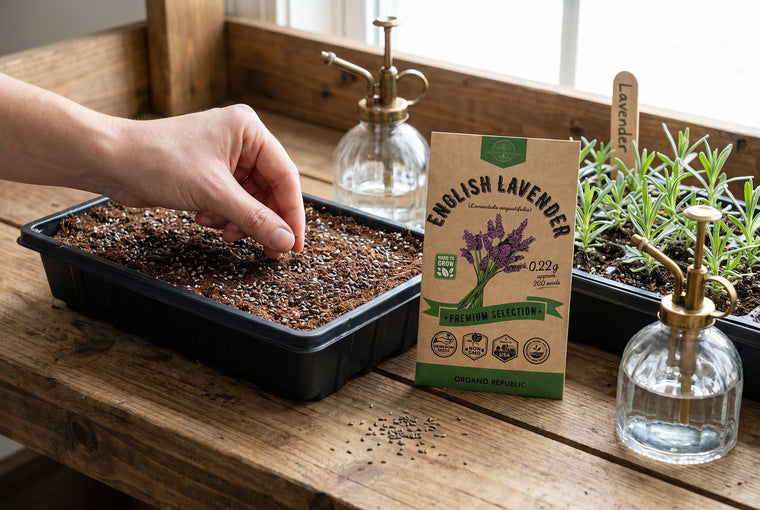 Surface-sow lavender seeds and press them in; they need light to sprout.