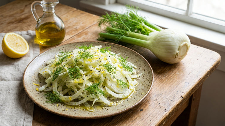 Shaved Florence fennel, sweet and crisp, with its own feathery fronds.