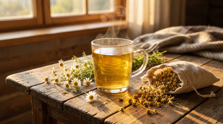 Dried chamomile flowers make a gentle, golden herbal tea.