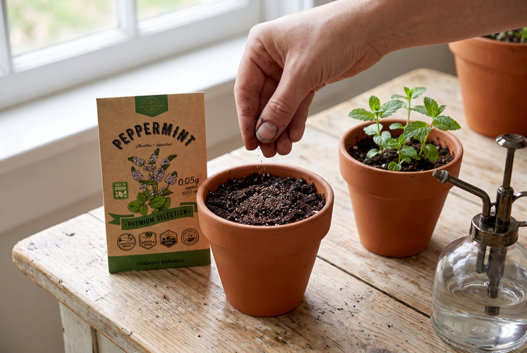 Surface-sow mint seeds and press in lightly; they need light to sprout.