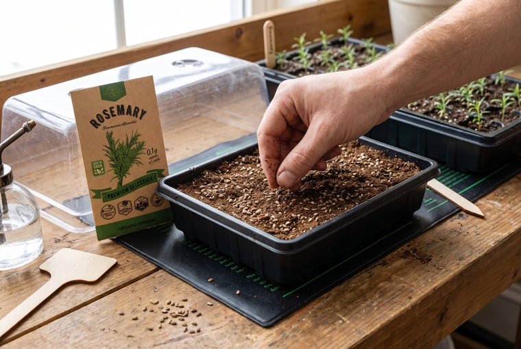 Press rosemary seeds in and barely cover them; keep warm and be patient.