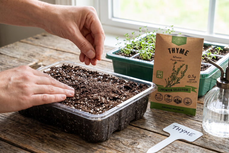 Sow thyme's tiny seeds on the surface; they need light and a gentle mist.