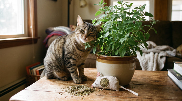 Dried catnip crumbled into a homemade toy for a happy cat.