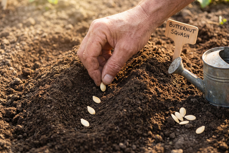 Sowing butternut squash seeds an inch deep in warm soil.