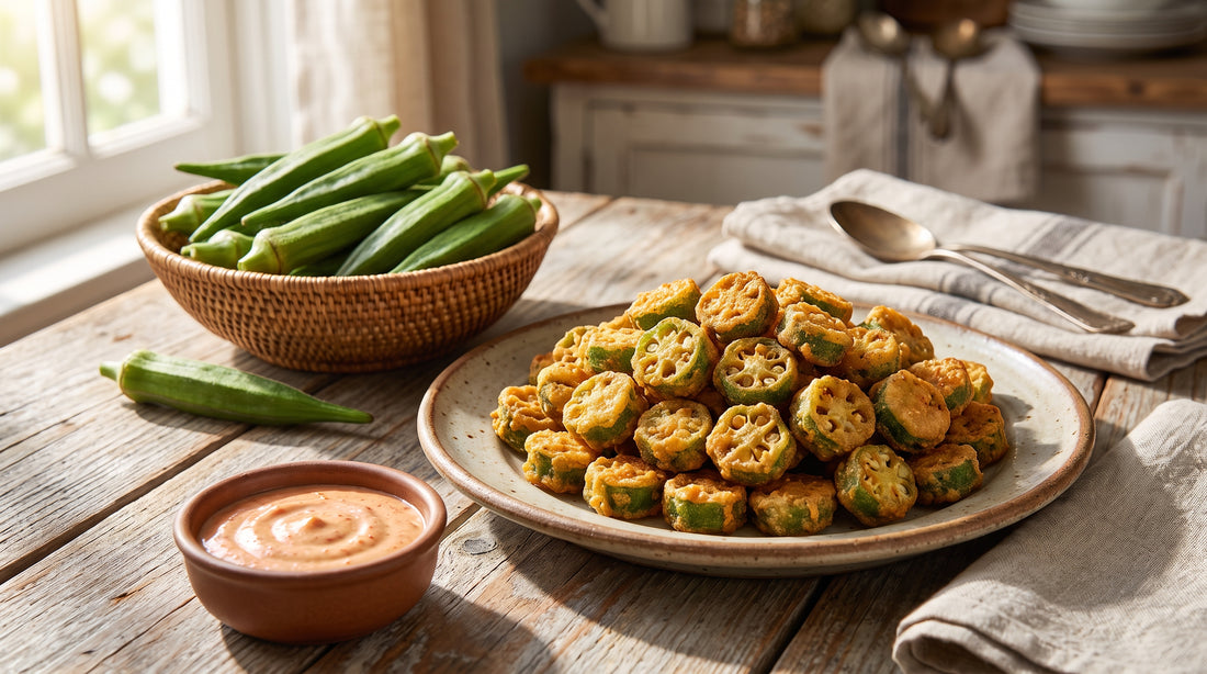 Tender young okra pods, perfect for gumbo, frying, and pickling.