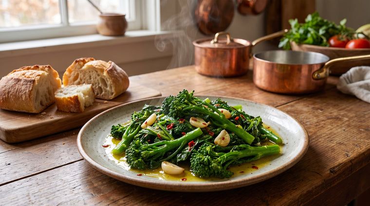 Rapini sauteed with garlic and olive oil, an Italian classic.