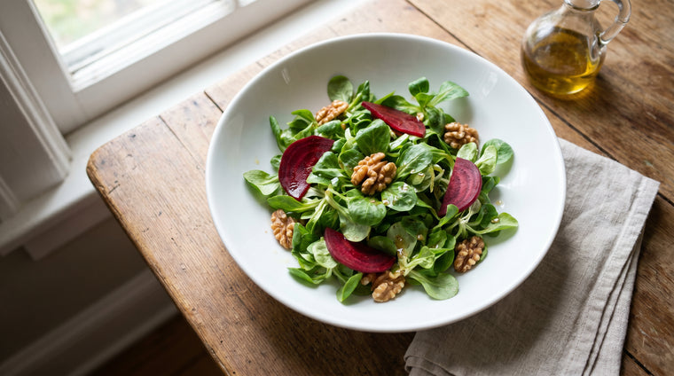 Tender mache leaves with a light walnut vinaigrette and beets.