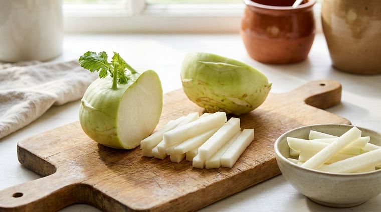 Fresh homegrown kohlrabi, peeled and sliced into crisp sticks.