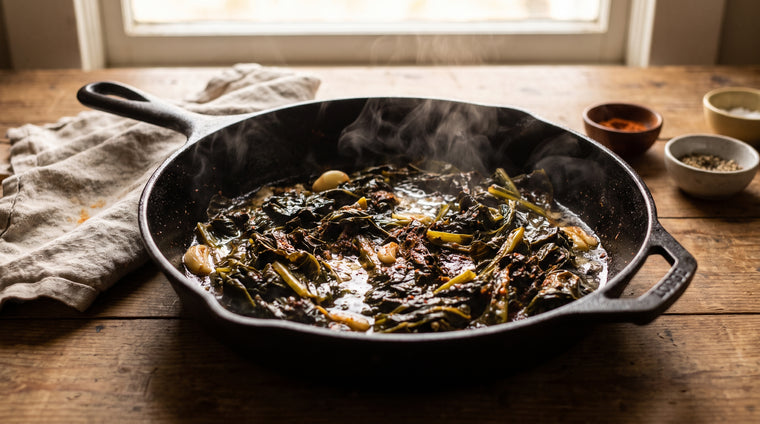 Southern Giant Curled mustard, braised tender in a cast-iron skillet.