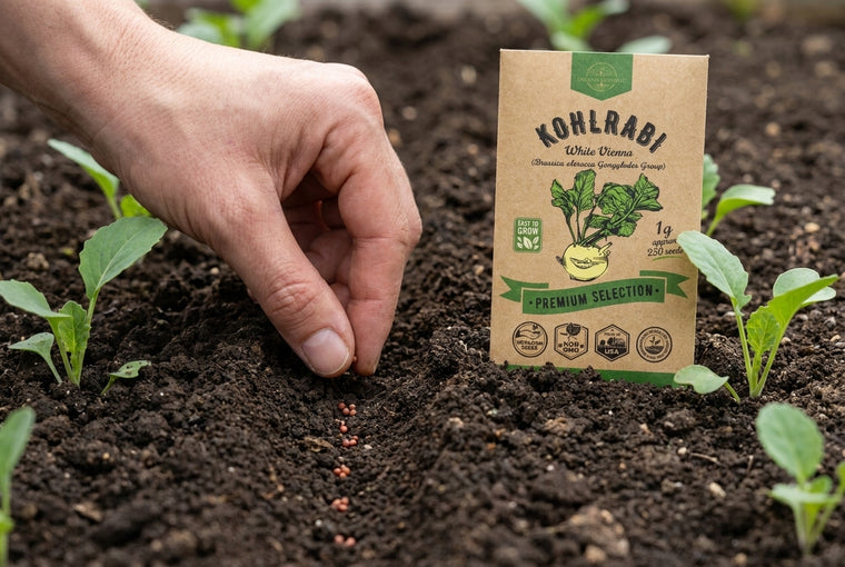 Direct-sow kohlrabi a quarter to half inch deep, then thin to 4 to 6 inches.