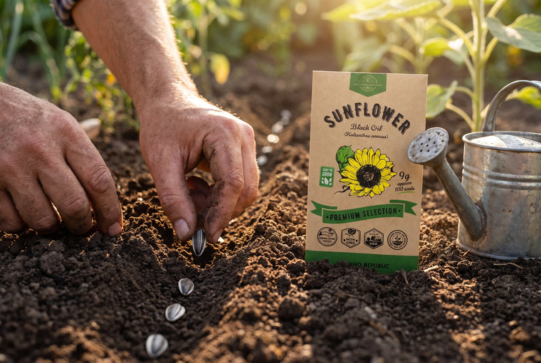 Direct-sow sunflower seeds about one inch deep, right where they will grow.