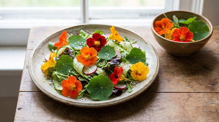 Peppery nasturtium flowers and leaves brighten a fresh summer salad.