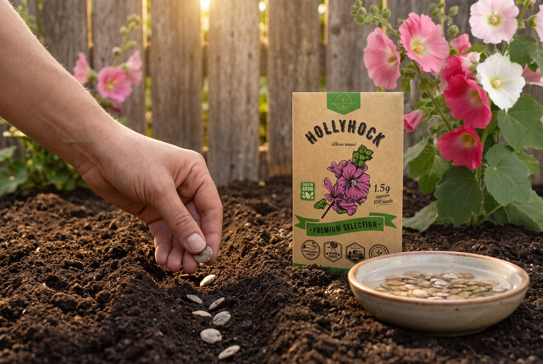 Sow hollyhock seeds a quarter inch deep; soaking them first speeds sprouting.