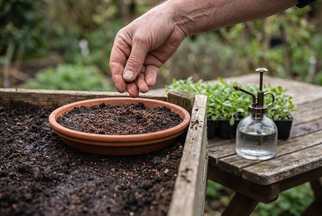Scatter the tiny alyssum seeds on the surface; they need light to germinate.