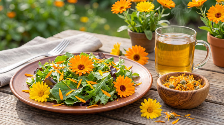 Fresh and dried calendula petals brighten salads and a golden cup of tea.