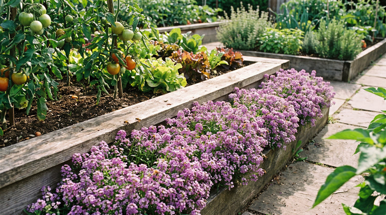 Sweet alyssum edges a bed and feeds bees and hoverflies.