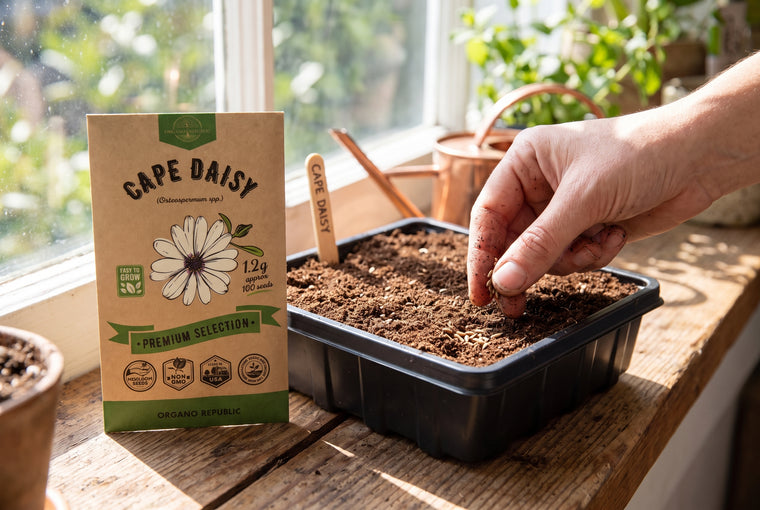 Surface-sow cape daisy seeds indoors; they need light to sprout.