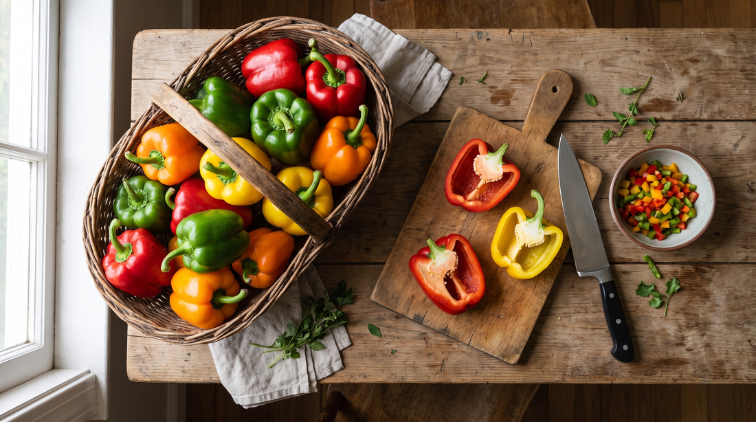 Sweet and hot peppers, picked fresh from the garden for the kitchen.