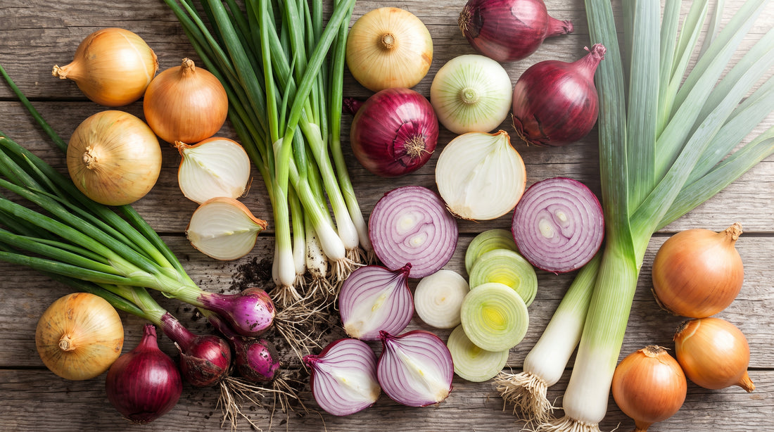 Sweet, storage, and specialty onions, scallions, and a leek fresh from the garden.