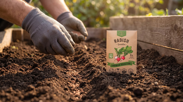 Direct-sow radish seeds into cool, moist soil; they sprout in days and grow fast.