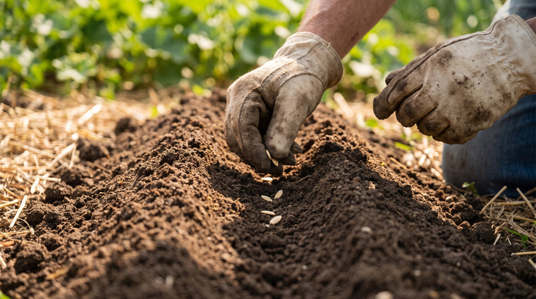 Sow melon seeds into a warm, mounded hill of rich soil once the ground has warmed.