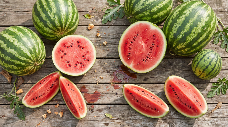 Sweet, juicy watermelons, picked ripe from the garden for slicing on a hot day.
