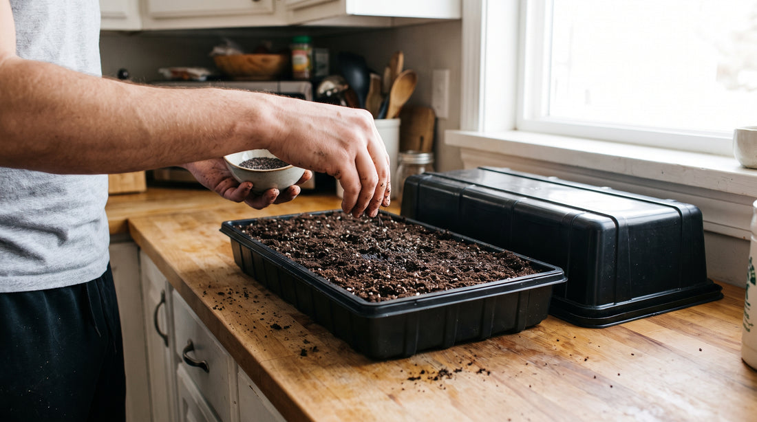 Sprinkle seed densely and evenly onto a moist tray, then cover with a blackout dome for 2–4 days.