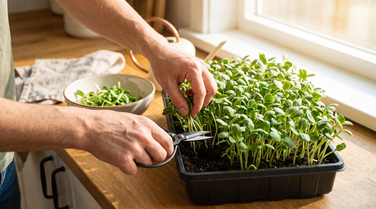 Harvest sunflower shoots with clean scissors just above the soil line.