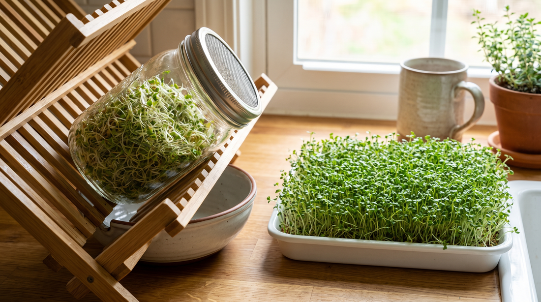 Alfalfa grows as jar sprouts or as a fine tray microgreen.