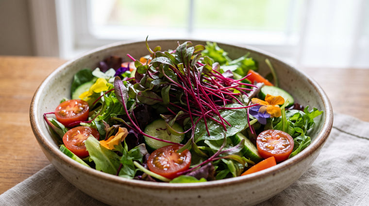 Deep magenta beet microgreens brightening a fresh salad bowl.