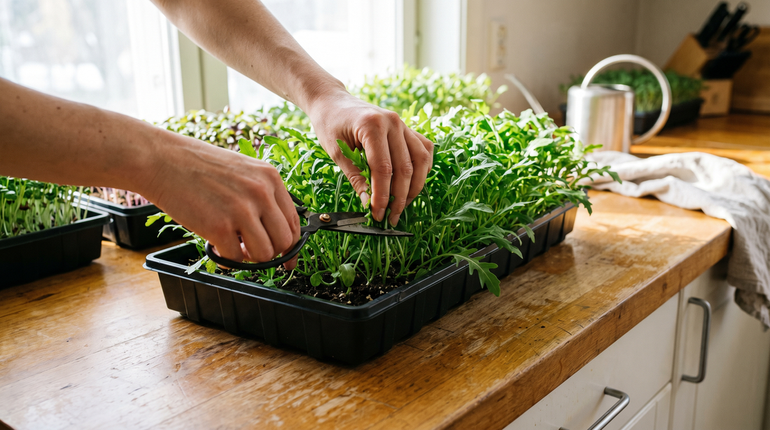 Sow arugula seed dry on moist mix, blackout a few days, then move to light.