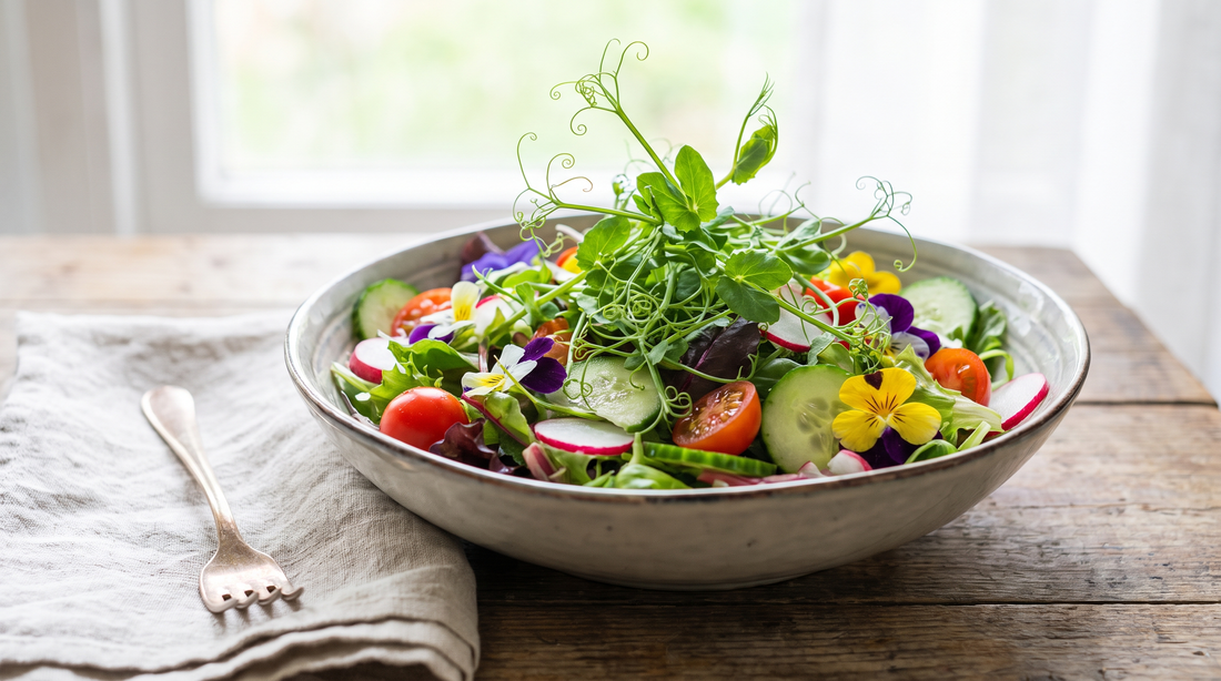 Sweet pea shoots add fresh crunch to salads and bowls.