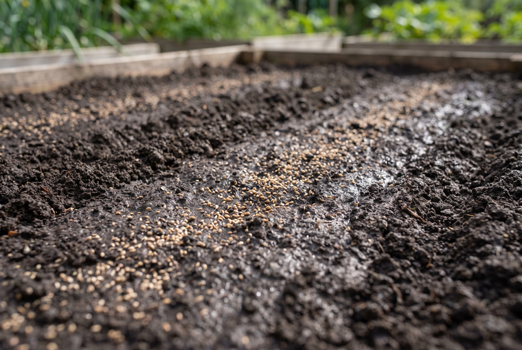 Dust-fine mullein seeds scattered on the surface of a finely raked, sunny garden bed, left uncovered so light can reach them.