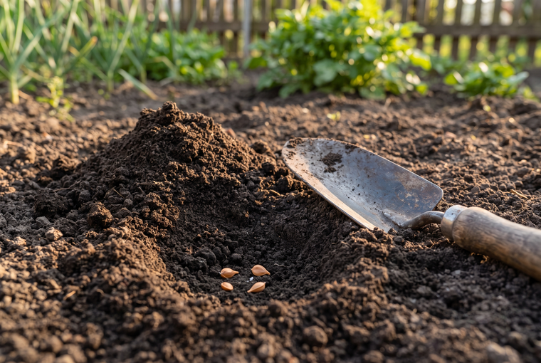 Young Muncher cucumber seedlings climbing a garden trellis in rich, mulched soil.