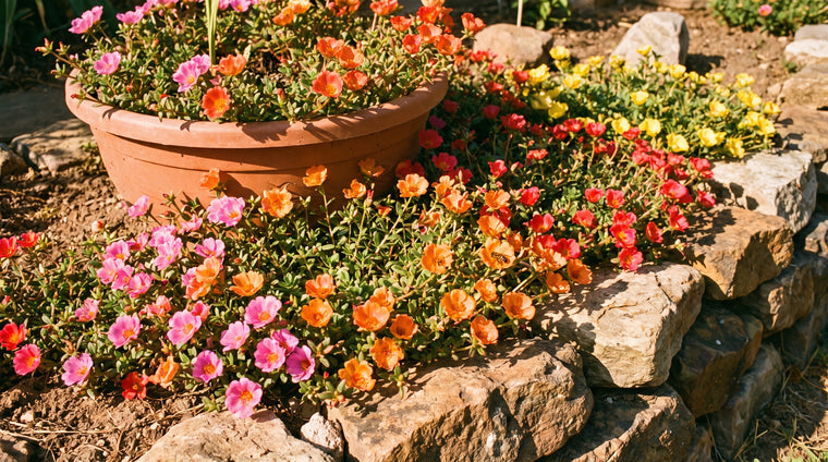 Low mounds of moss rose in full, colorful bloom spilling over the edge of a sunny container.