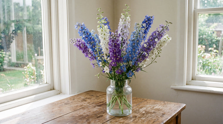 A just-cut bouquet of blue and purple larkspur spikes arranged in a vase.