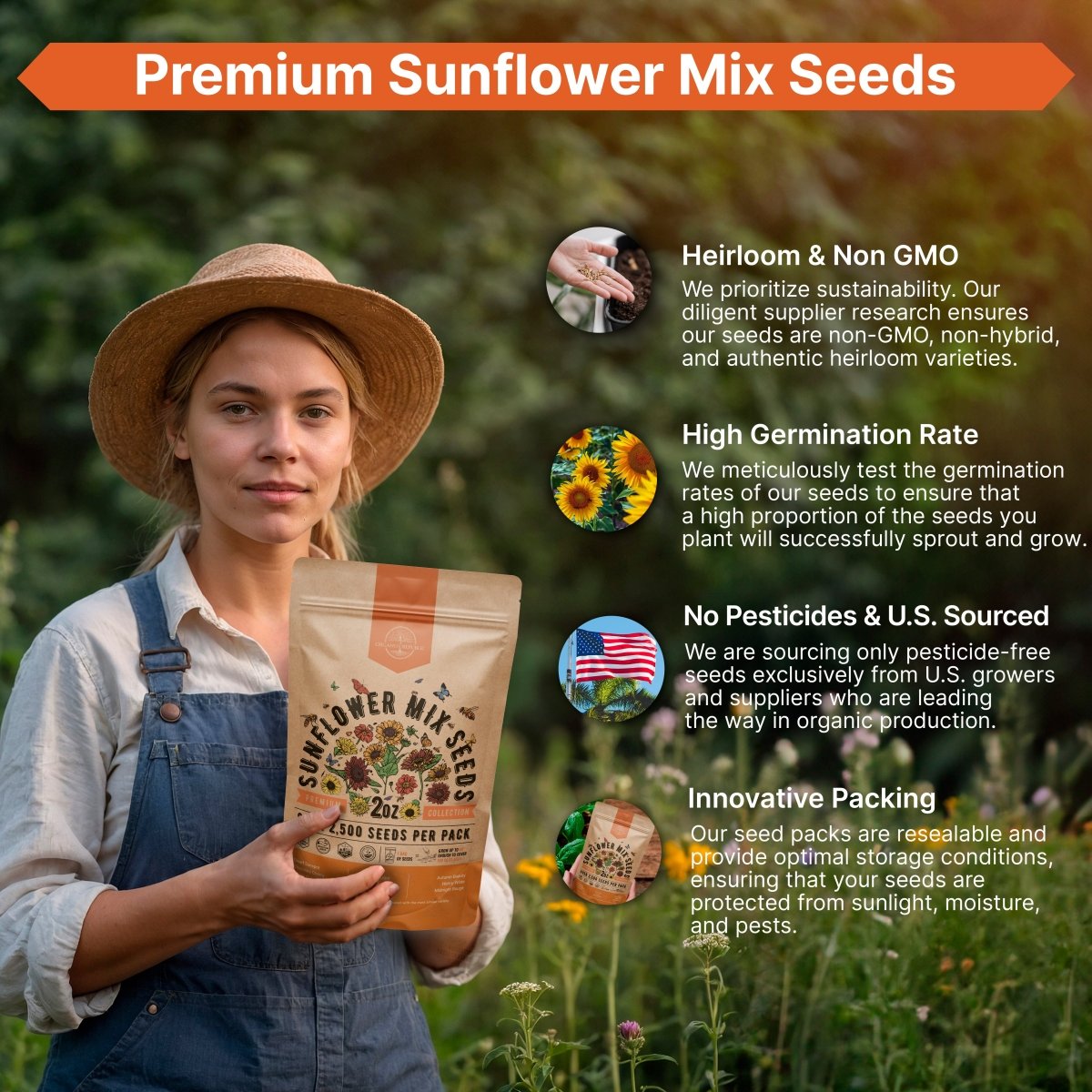 Sunflower Mix Seeds Pack 2 oz - Organo Republic seeds store Sunflower Mix Seeds Pack 2 oz
