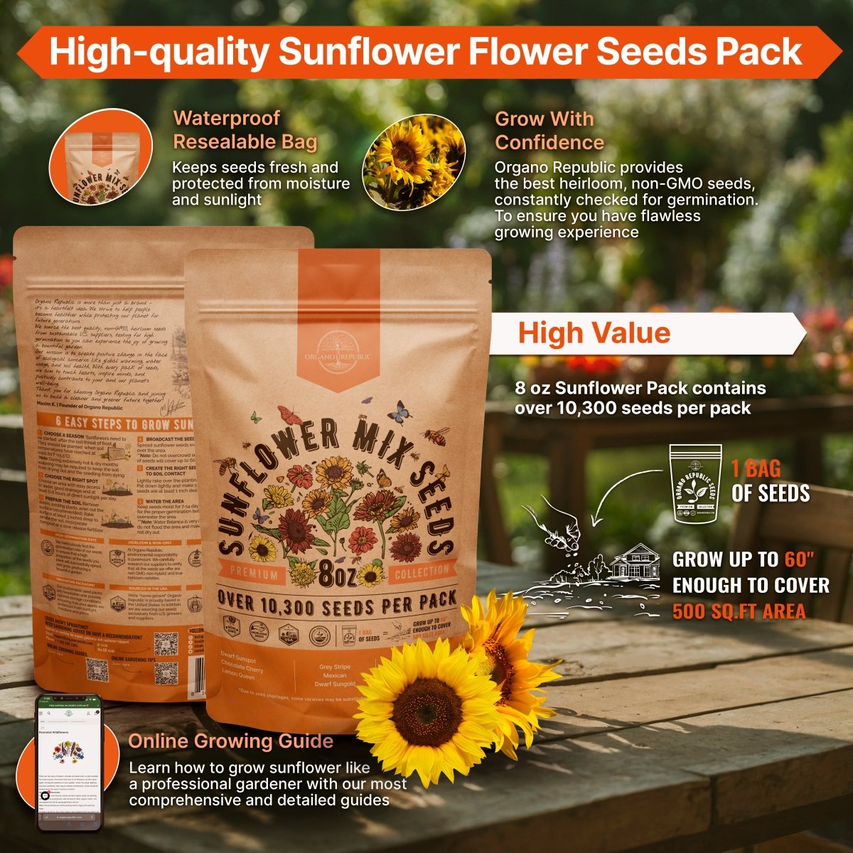 Sunflower Mix Seeds Pack 8 oz - Organo Republic seeds store Sunflower Mix Seeds Pack 8 oz