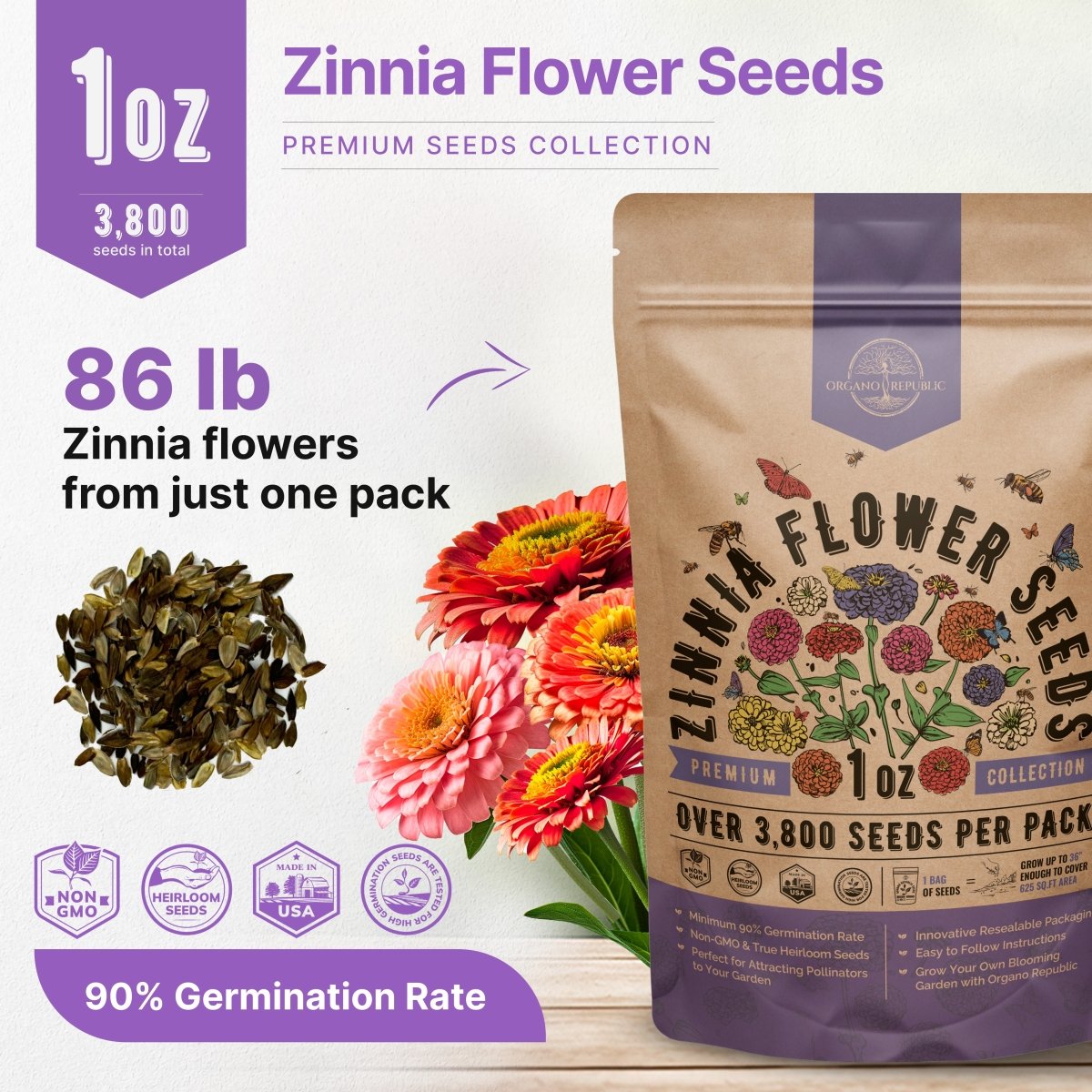 Zinnia Seeds Pack 1 oz - Organo Republic seeds store Zinnia Seeds Pack 1 oz