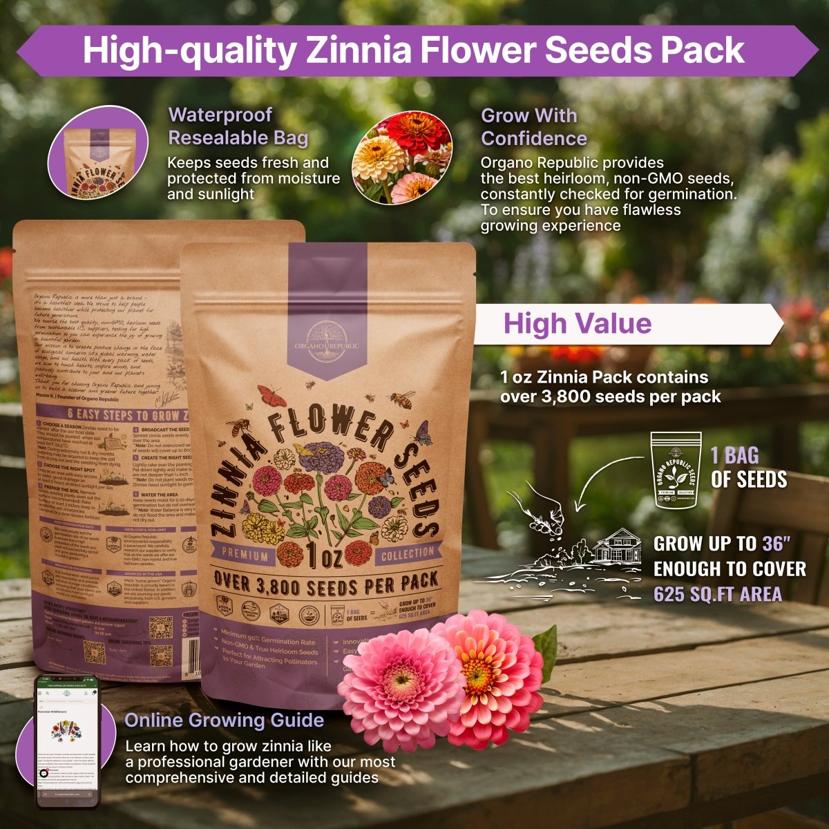 Zinnia Seeds Pack 1 oz - Organo Republic seeds store Zinnia Seeds Pack 1 oz
