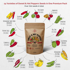 Organo Republic 14 Sweet & Hot Peppers Seeds Variety Pack 700 Seeds Non-GMO Peppers Seeds for Outdoor & Indoor Home Gardening Anaheim Jalapeno Habanero Cayenne Serrano Poblano Cubanelle Pepperoncini