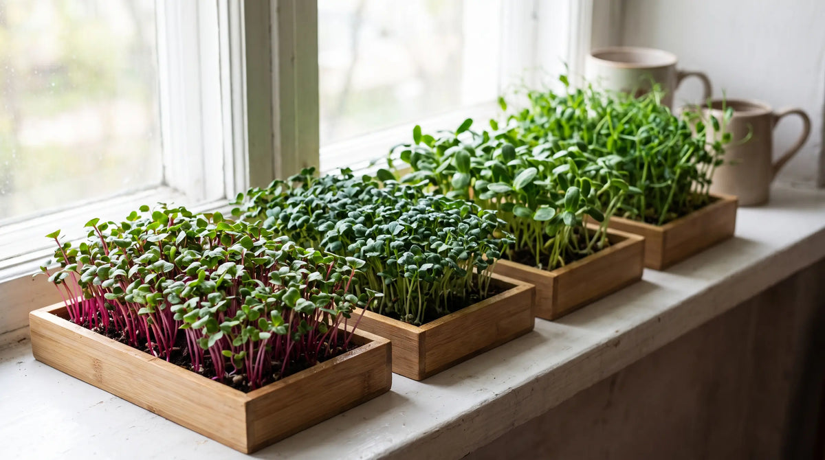 Trays of radish, broccoli, sunflower and pea microgreens growing on a sunny kitchen windowsill