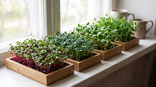 Trays of radish, broccoli, sunflower and pea microgreens growing on a sunny kitchen windowsill