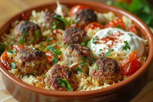 Baked Rice With Slow Roasted Tomatoes & Feta Lamb Meatballs - Organo Republic